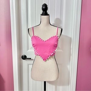 NWT Coquette Pink Valentine Heart Top w/ Pearl Trim Pink Size L